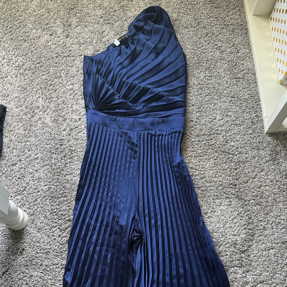 Abercrombie & Fitch Navy One-Shoulder Pleated Jumpsuit